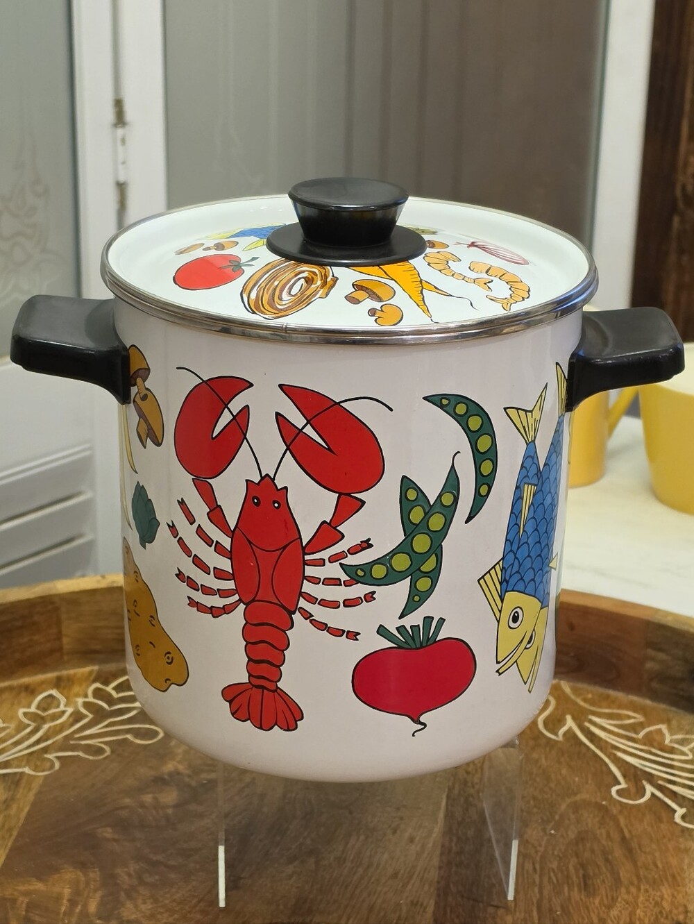 Vintage San Ignacio Nantucket 4 Qt Enamel Stock Pot Lid Spain Seafood Lobster MC